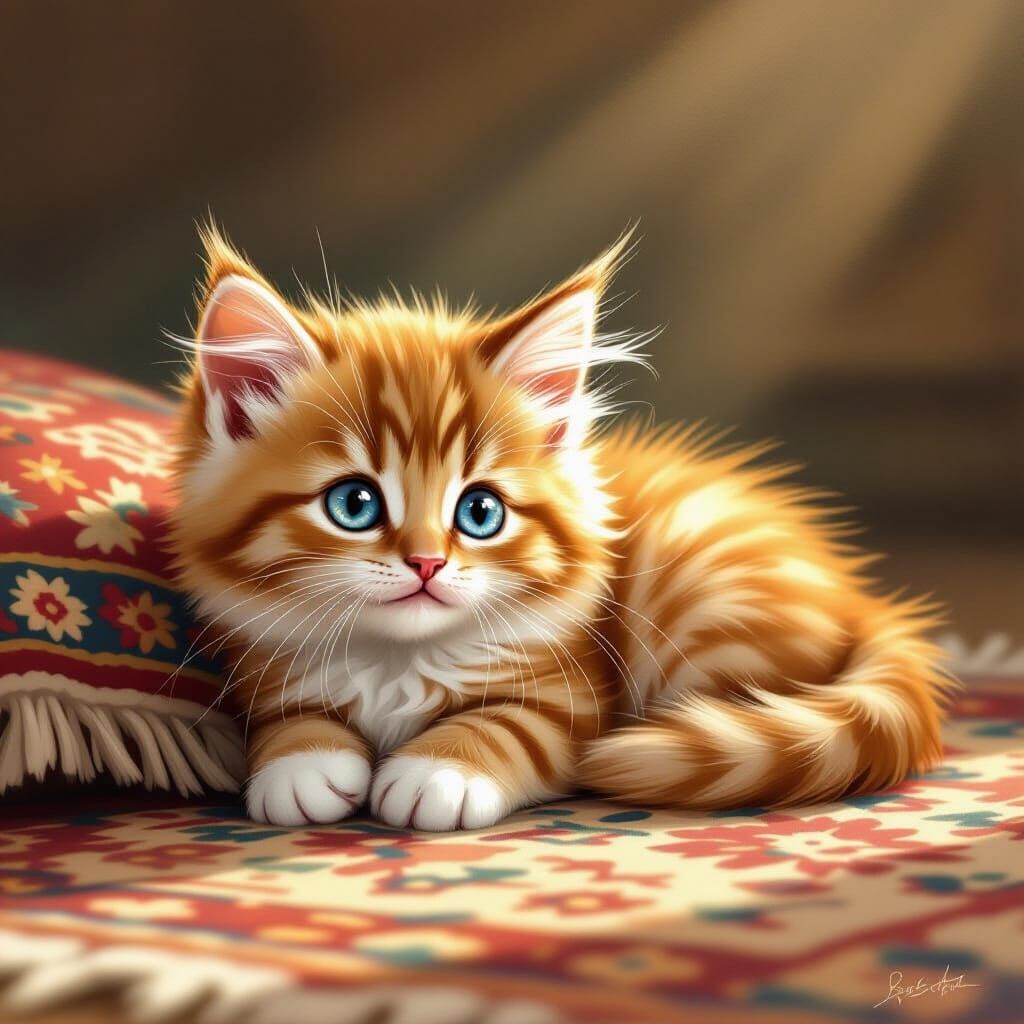 Fluffy Ginger Kitten on Persian Rug