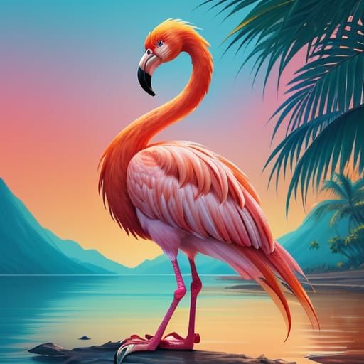 Vibrant Digital Painting of a Flamingo in Tropical Habitat