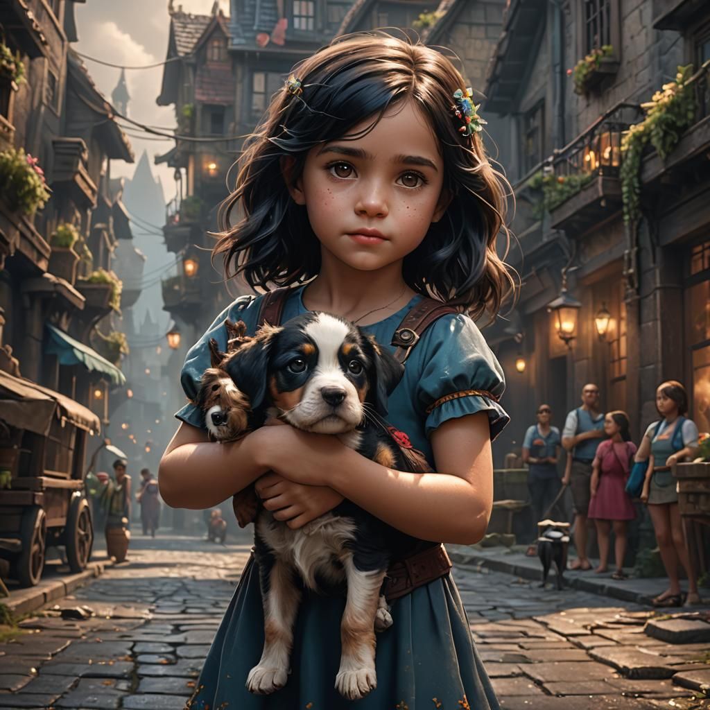 Girl Holding Puppy: Detailed Fantasy Art