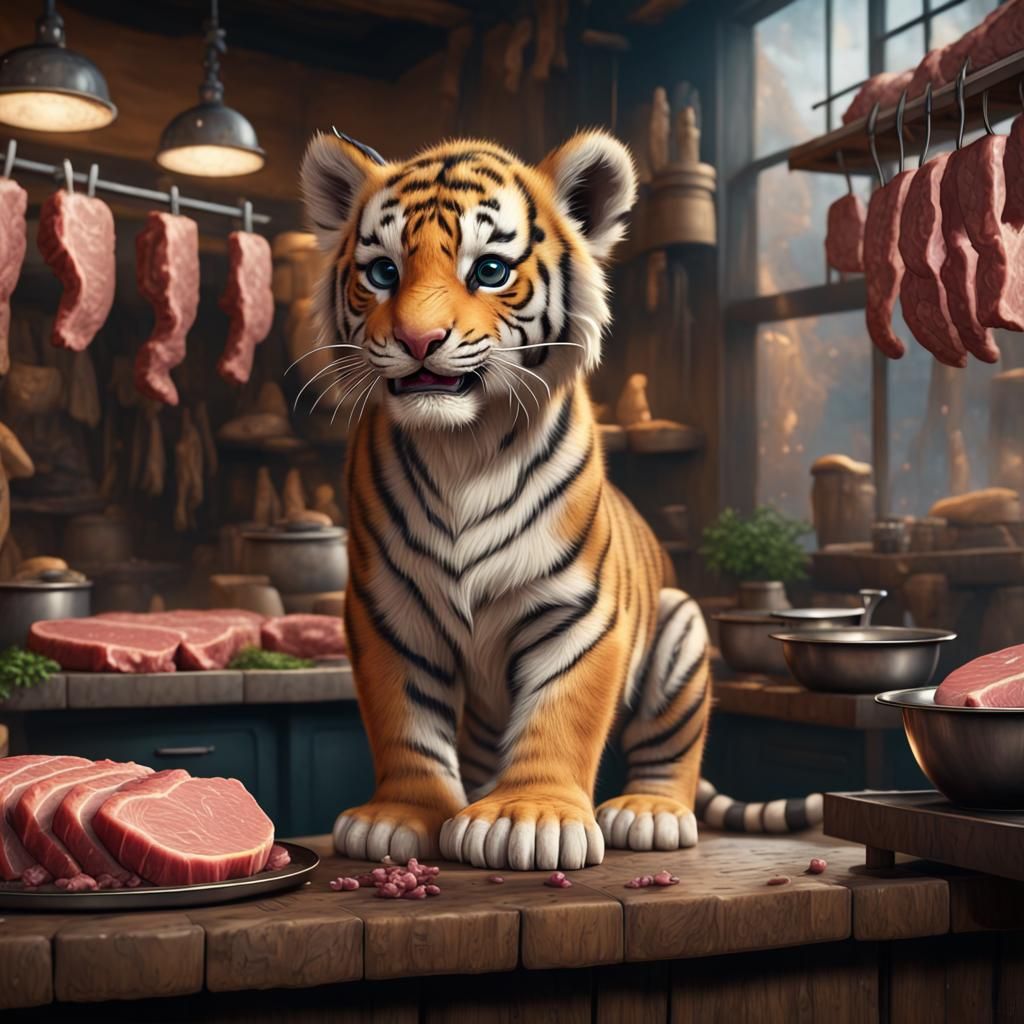 Cute Tiger Cub in Butcher Shop: Fantasy Art