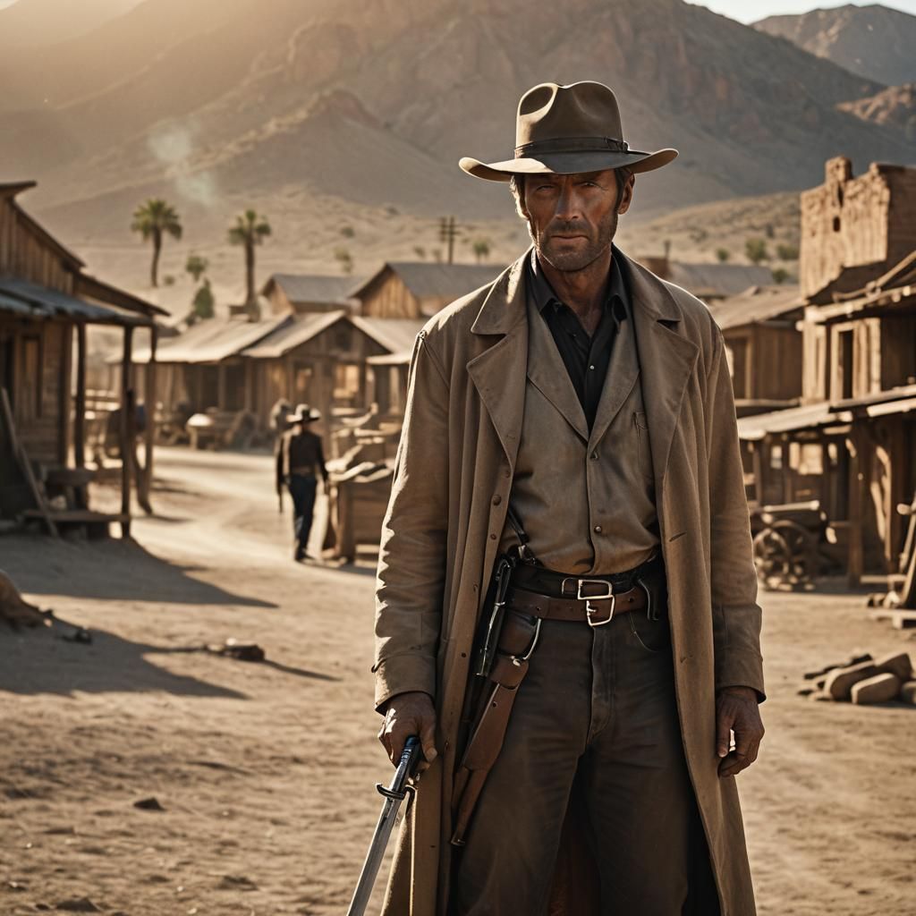 Cowboy with Sword in Western Film Noir Style