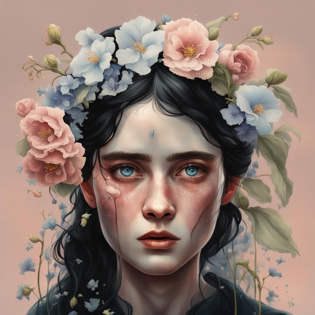 Crying Woman with Bluebells in Detailed Matte Painting