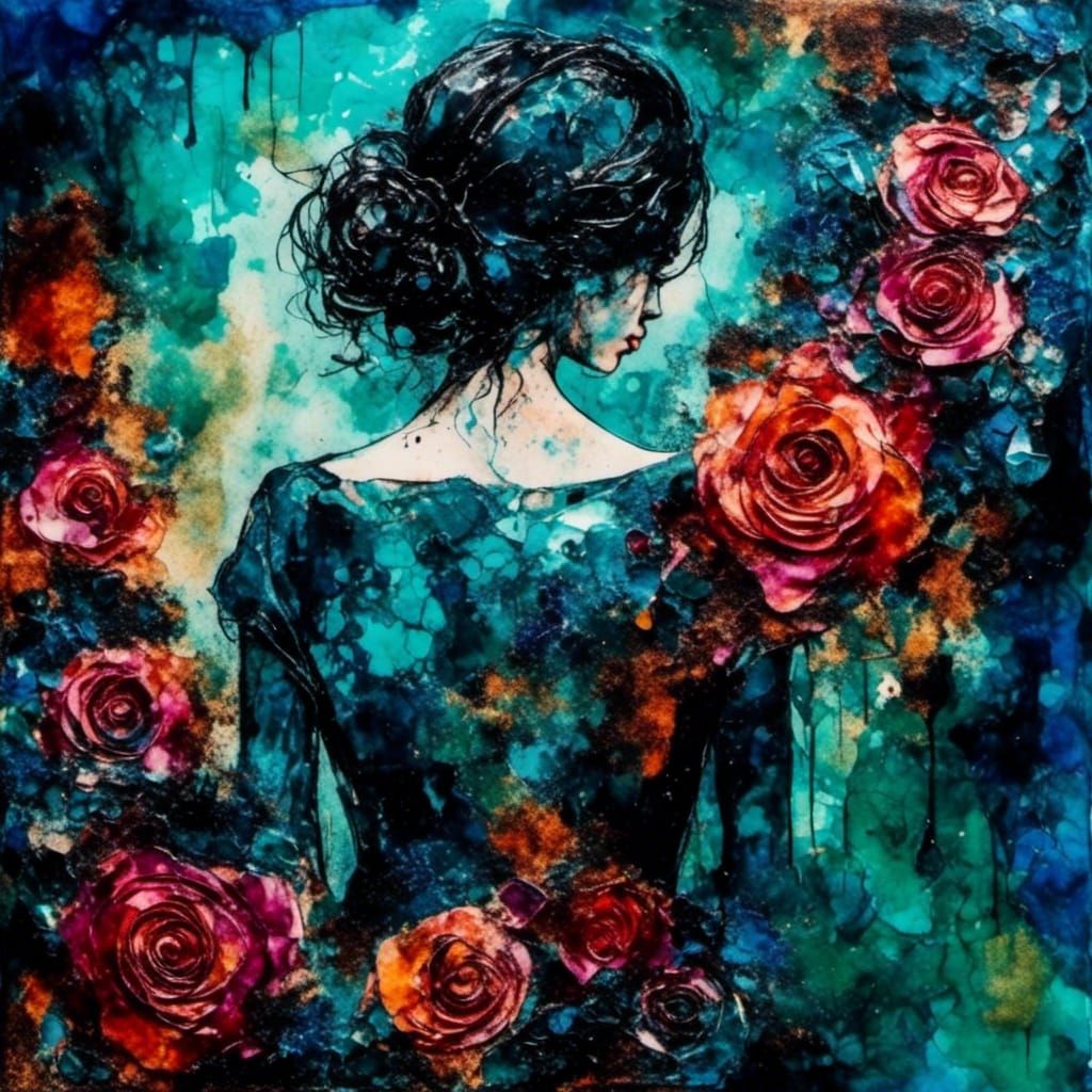 Rose Tattoo Portrait in Alcohol Ink Style