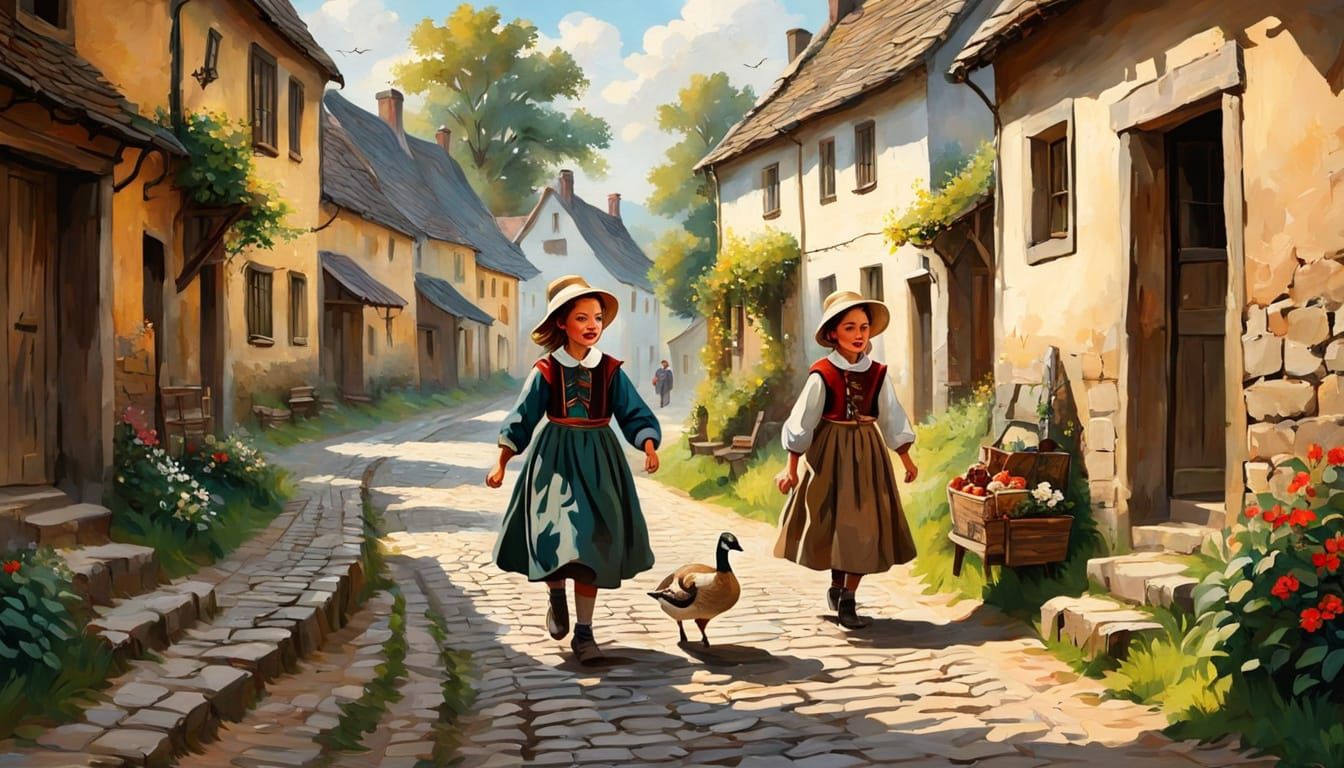 Joyful Village Scene in Folk Art Style