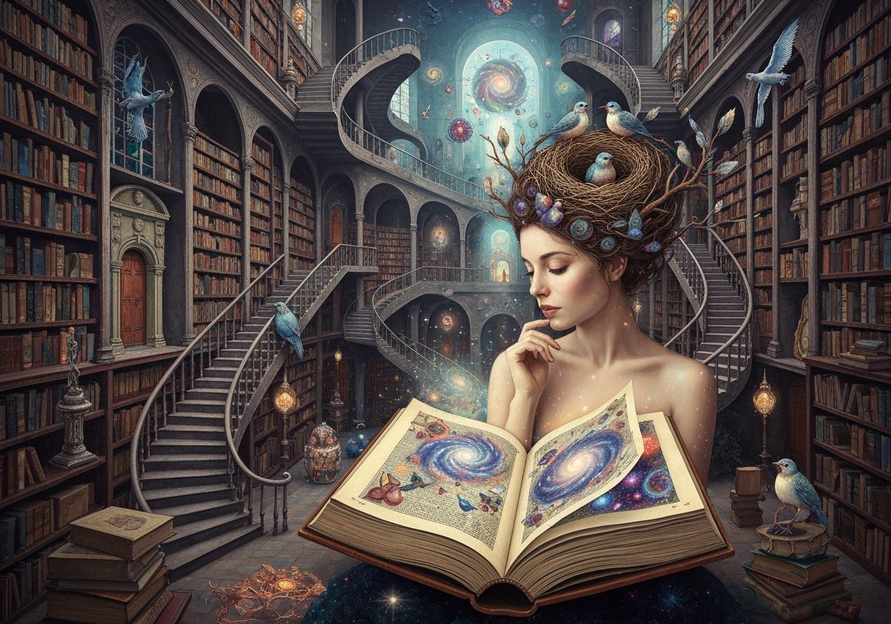 Surreal Library with Woman and Birds, Ethereal Art
