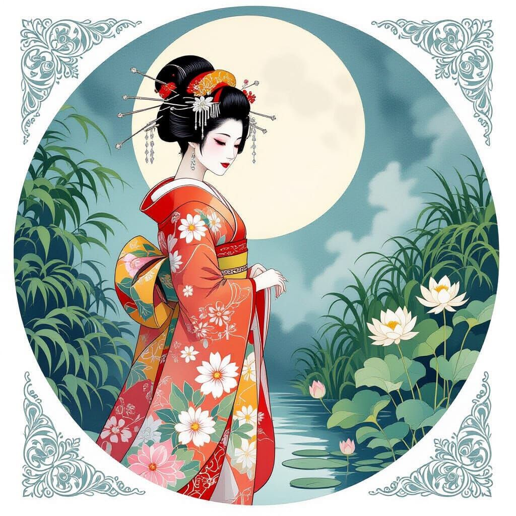 Geisha in Moonlit Garden: Watercolor Art Nouveau Style