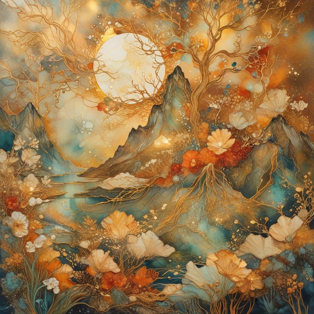 Surreal Sunset Lake Scene in Metallic Gold Style