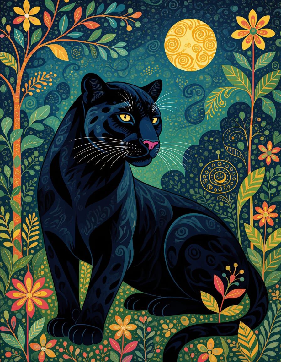 Black Panther in Vibrant Jungle, Art Nouveau Style