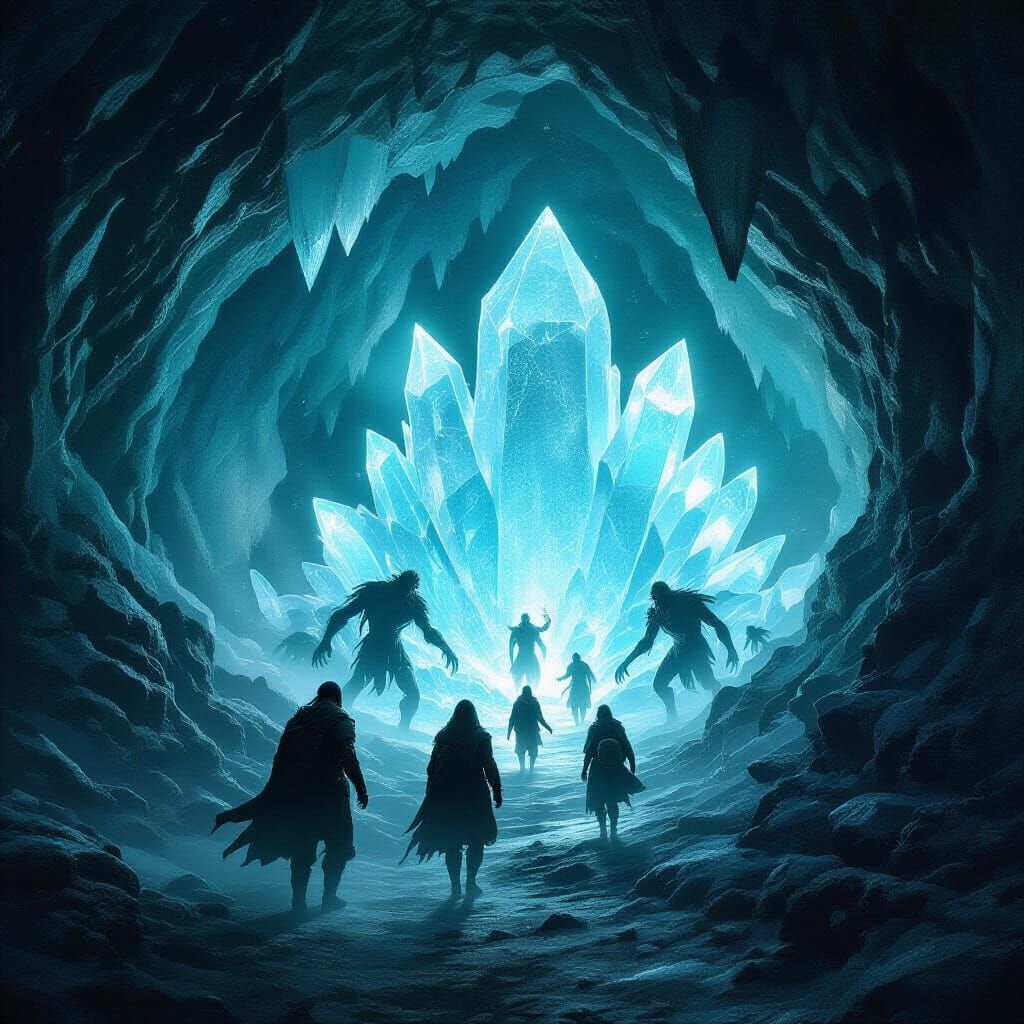 Adventurers Explore Glowing Crystal Cave with Shadow Creatur...