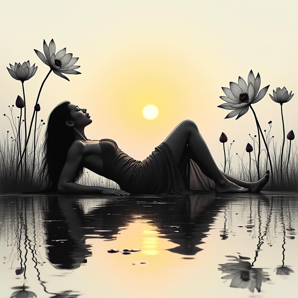 Sunset Serenity: Double Exposure Ink Drawing