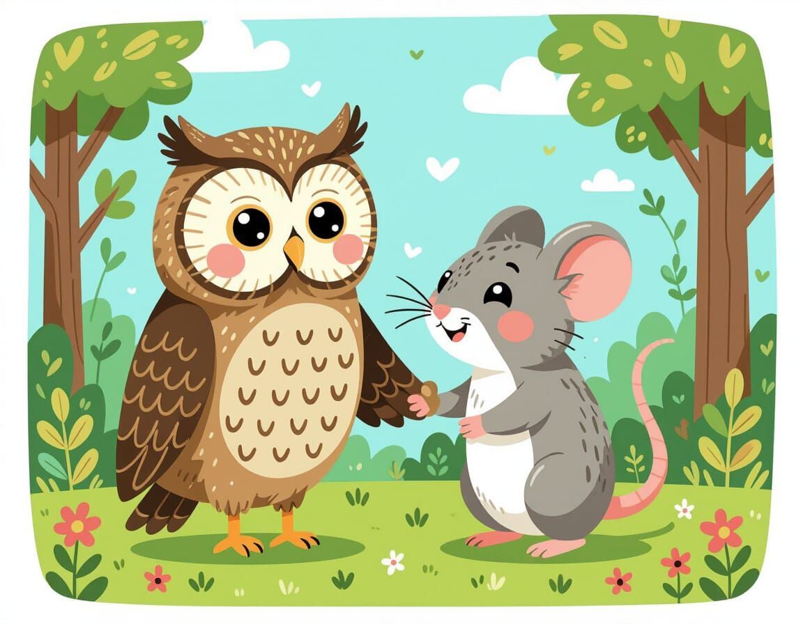 Owl and Mouse Friendship in Naive Folk Art Style