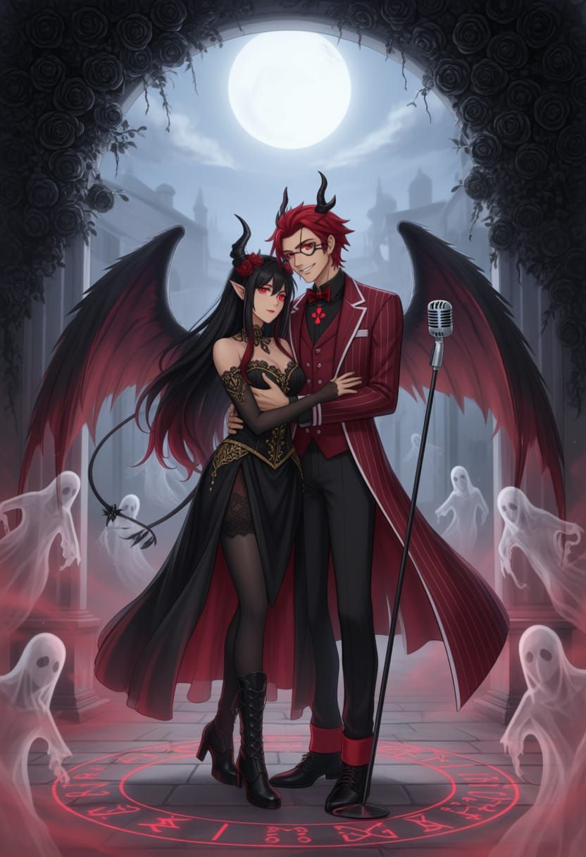 Anime-style illustration of a gothic demon couple in a moonl...