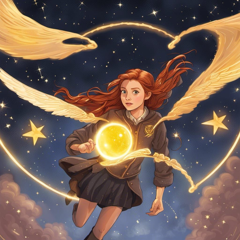 Ginny Weasley and Golden Snitch in Starry Sky