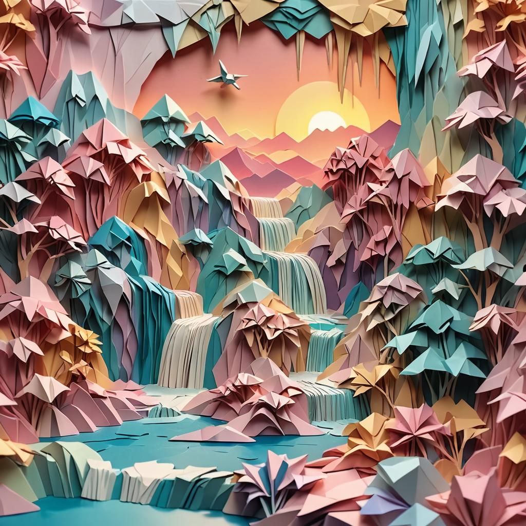 Origami Waterfall Sunset: Papercraft Art in Pastel Colors