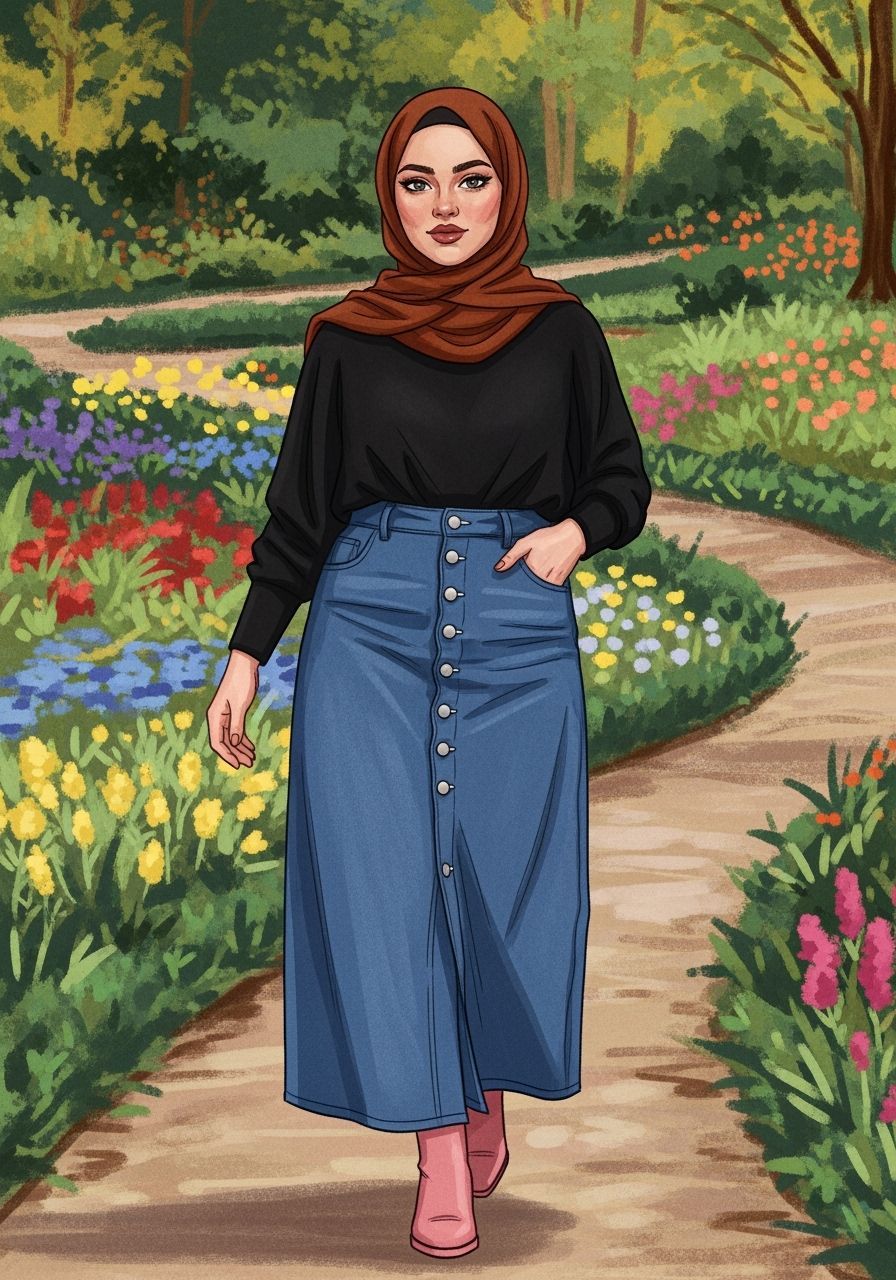Curvy Hijabi Woman in Botanic Garden, Painterly Style