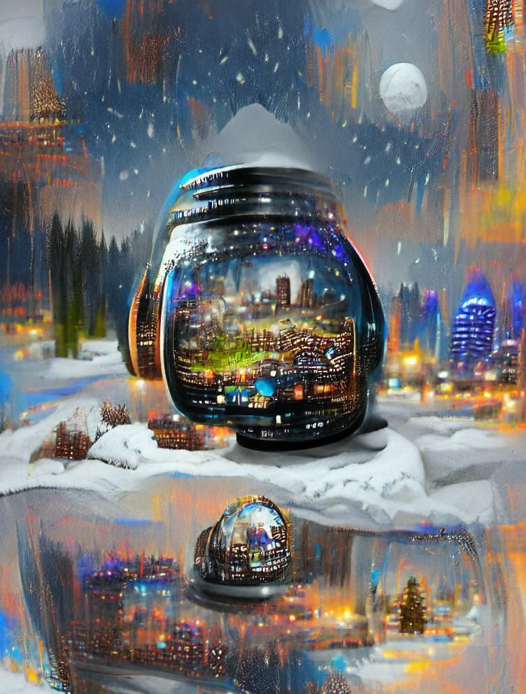 Hyperrealistic City in Snowglobe at Night