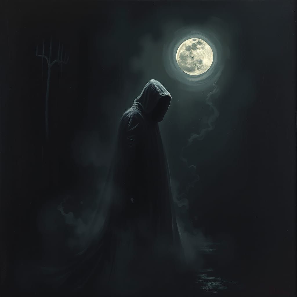 Ethereal Figure in Dark, Ominous Landscape