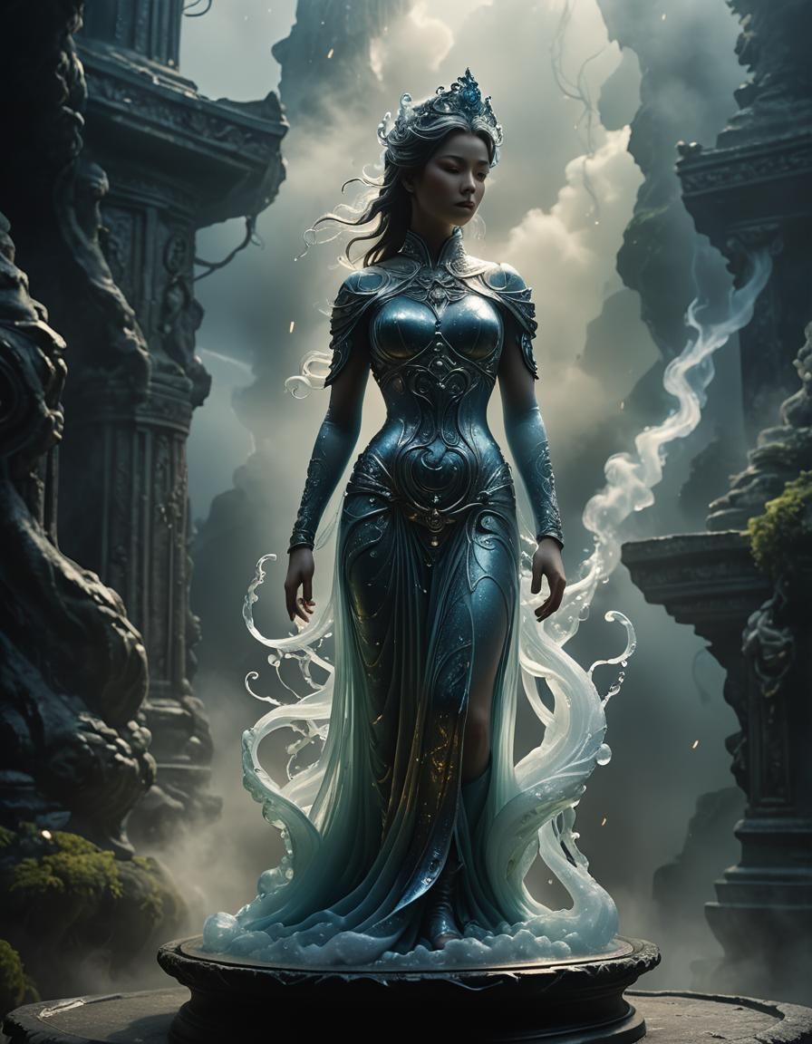 Enameled Glass Figurine in Swirling Mist: Digital Art