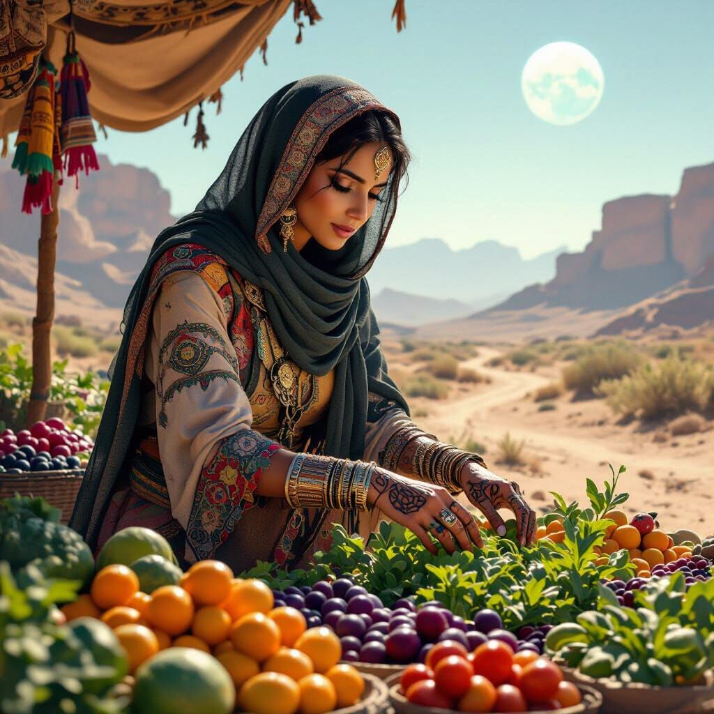 Woman Tends Alien Garden in Futuristic Nomadic Outfit