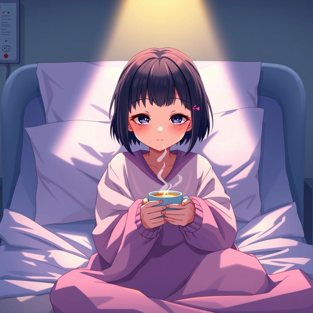 Anime Girl in Cozy Hospital Scene, in Cel-Shaded Style