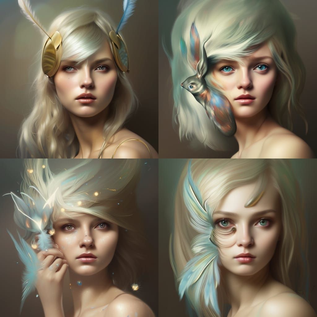 Silver skin metallic bunnie girl golden hair feathers stars ...
