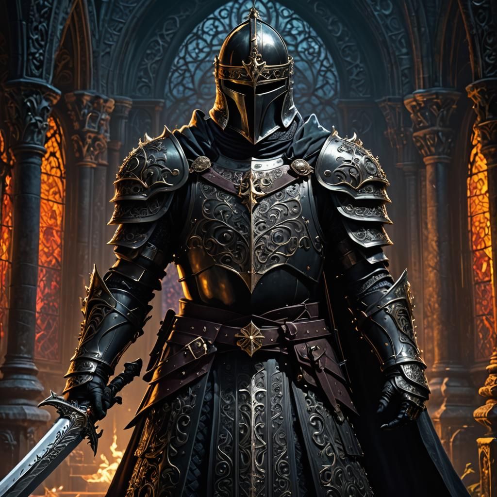 Gothic Knight with Sword in Dark Shadows