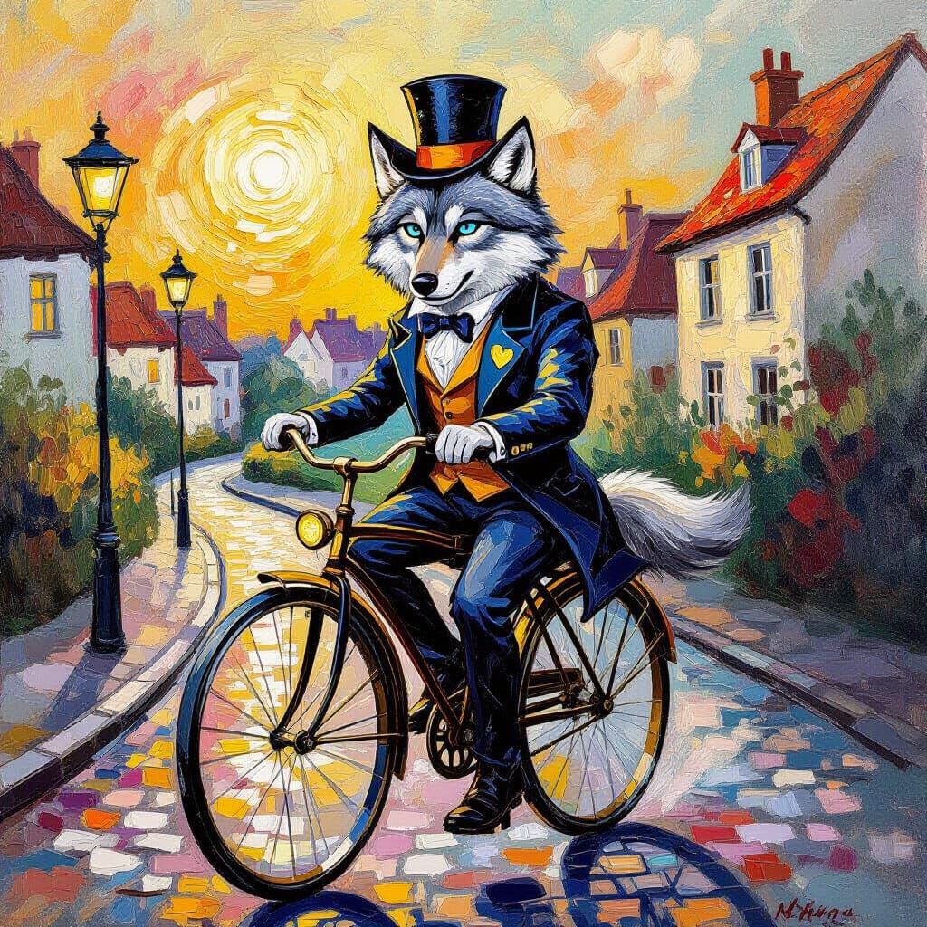 Wolf in Top Hat Rides Penny-Farthing Bicycle