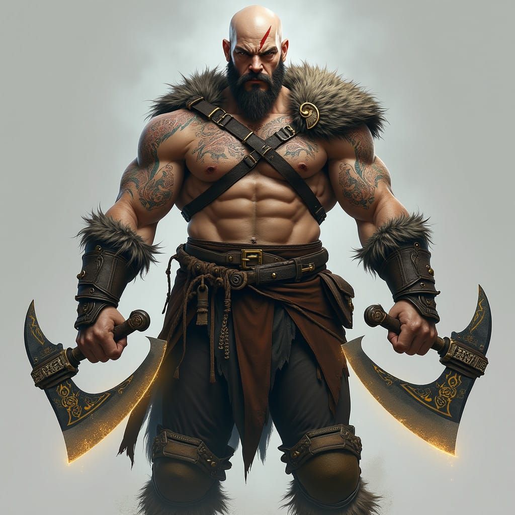 Warrior with Intricate Tattoos and Dual Axes in Ancient Tact...