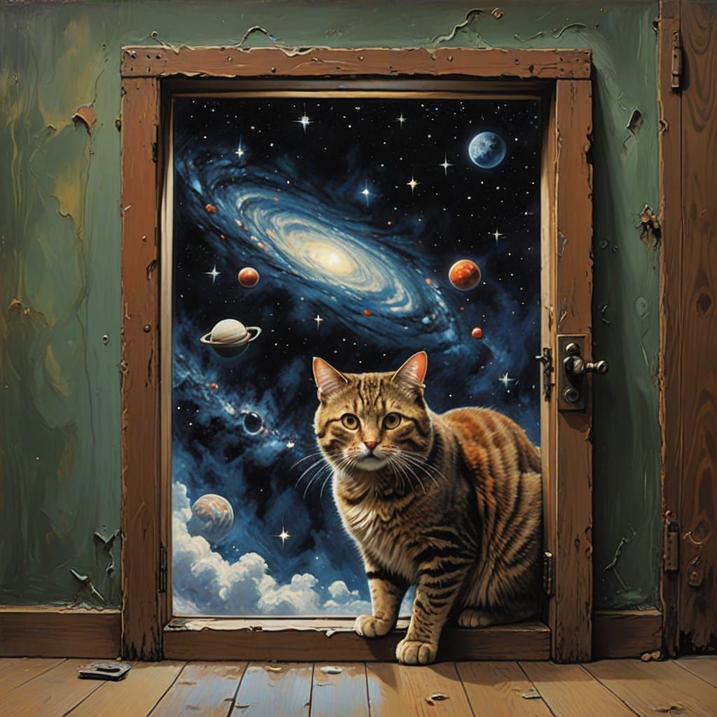 Surreal Cat Door in Deep Space