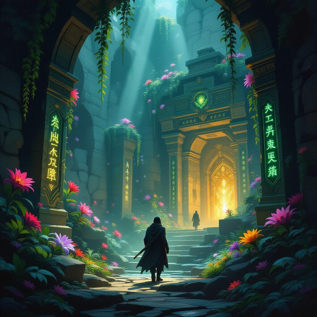 Adventurer in Labyrinth Ruins with Glowing Runes and Flowers