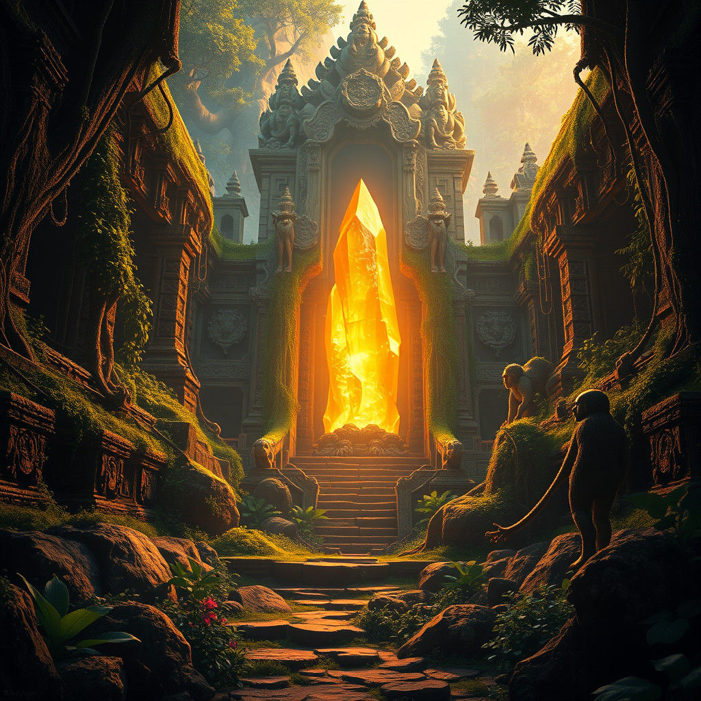 Mystical Jungle Temple Ruins with Glowing Crystal