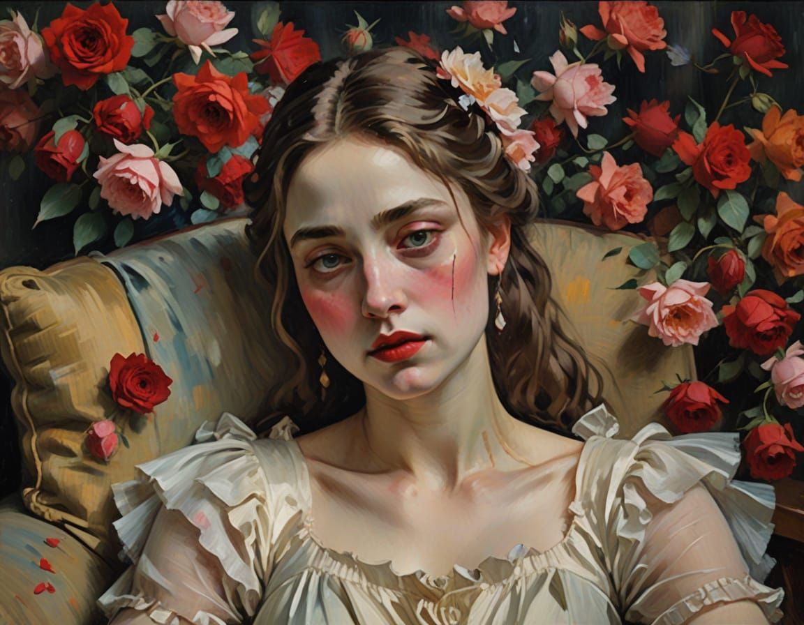 Heartbroken Sorrow on Valentine's Day in Gouache Style