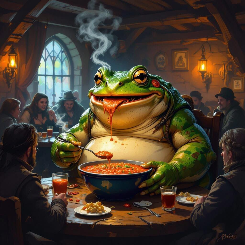 Obese Anthro Frog Eats Chili in Dimly Lit Tavern