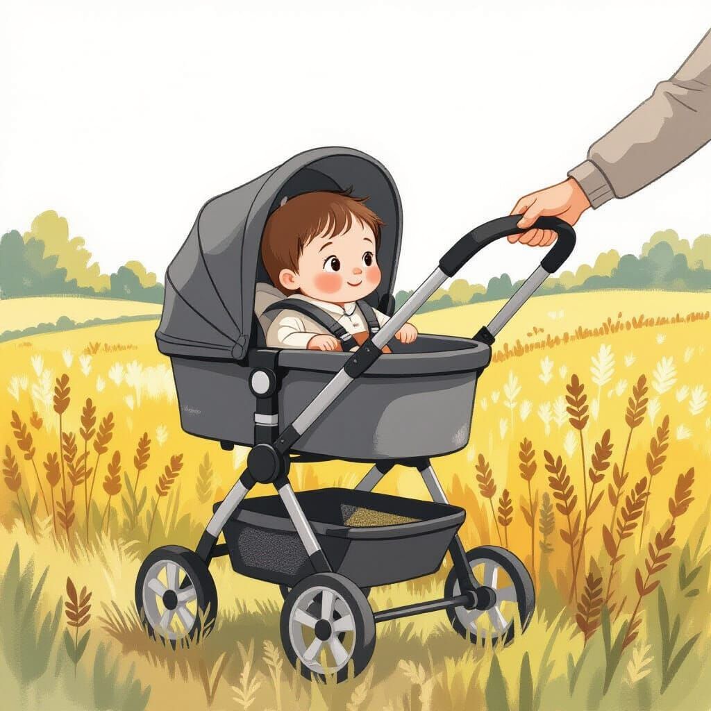 Asian Baby in Stroller, Hand-Drawn Children's Illustration
