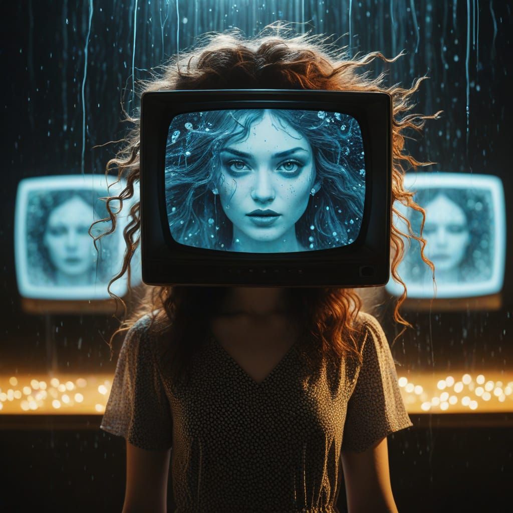 Ethereal Woman in Pointillist Dress with TV Screens for Eyes