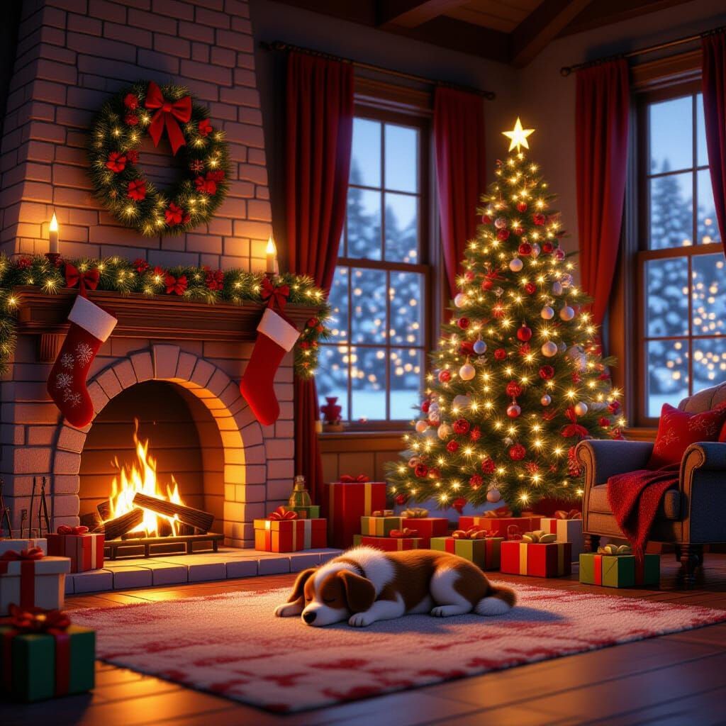 Cozy Christmas Eve Fireplace Room with Sleeping Dog