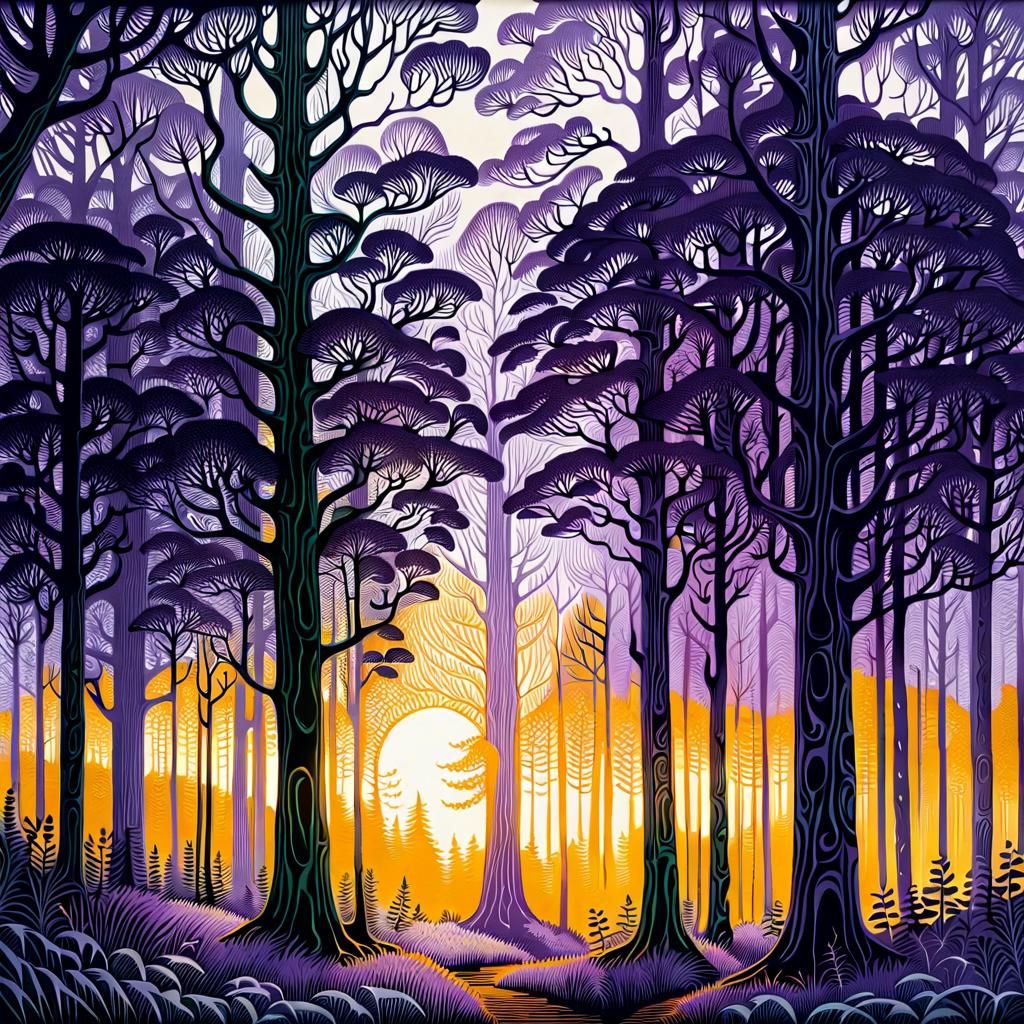 Dewy Forest Clearing: Intricate Wood Engraving