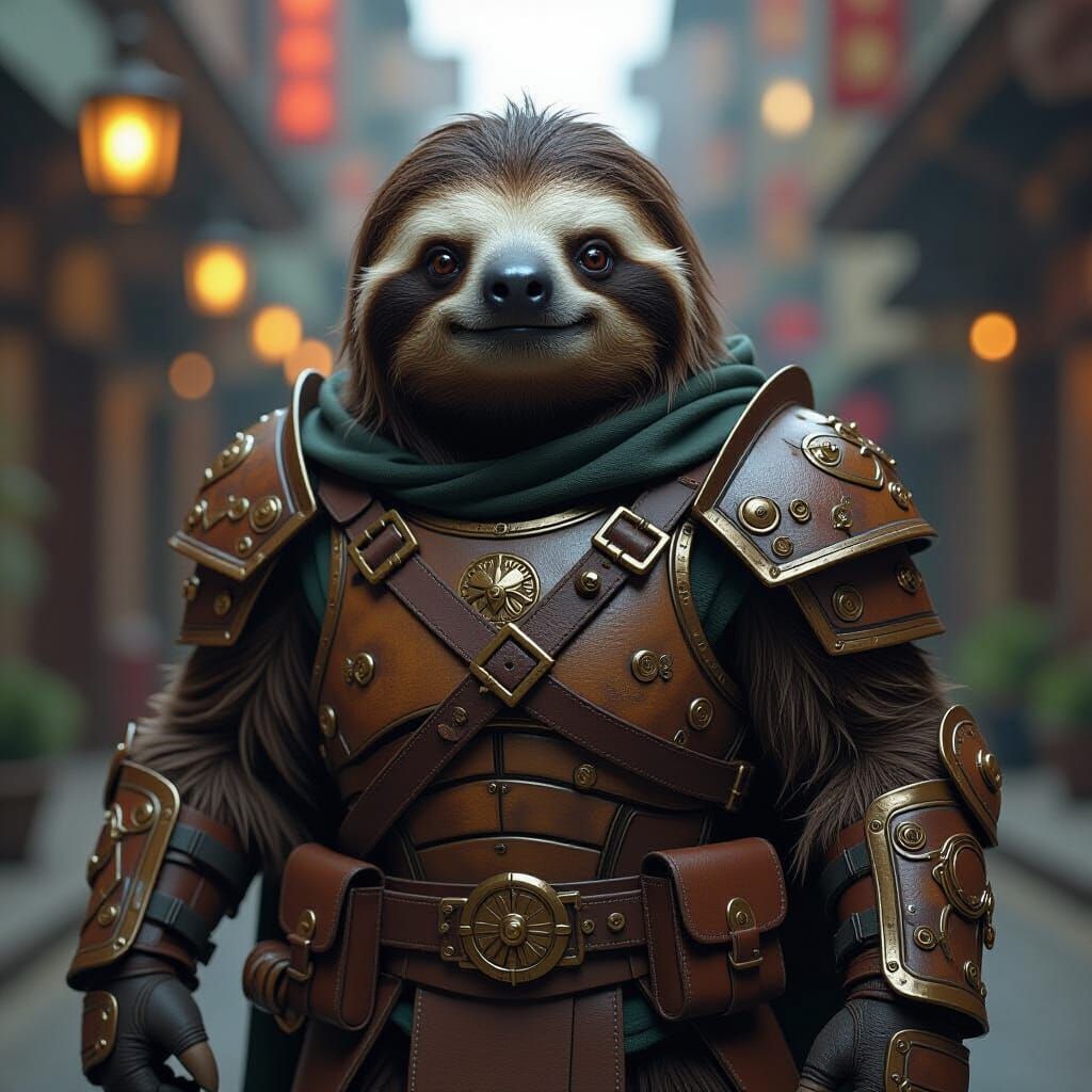 Heroic Armored Sloth in Cinematic Style