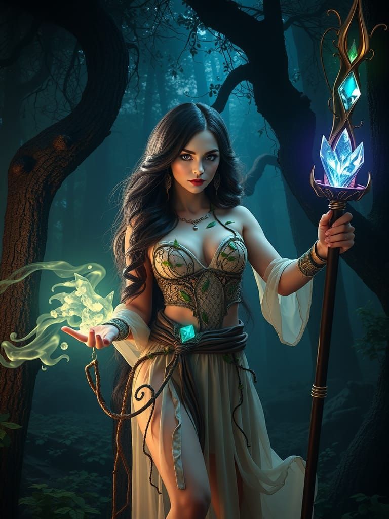Mystical Earth Sorceress in Enchanted Forest