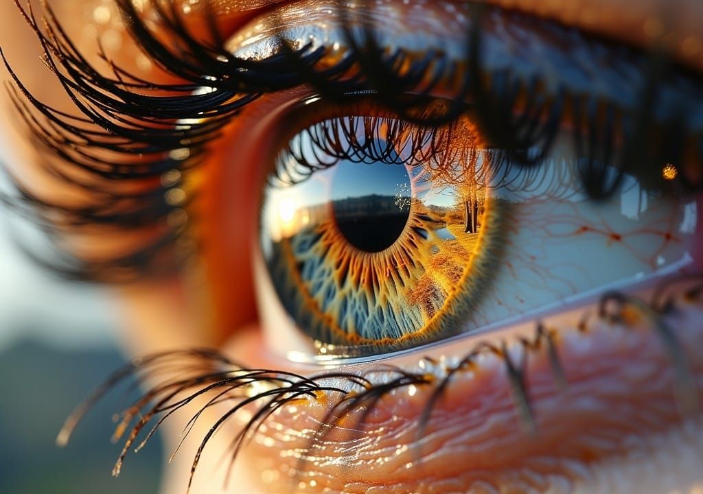 <lora:MJ6 EyeFlux:1.0>an impressive female Eye with long lashes, inside of an eye reflecting an autumn country scene wit...