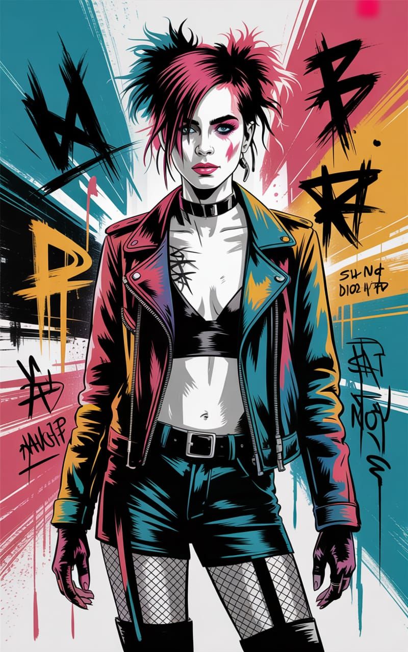 Punk Rocker in Graffiti Scene, Flat Vector Art