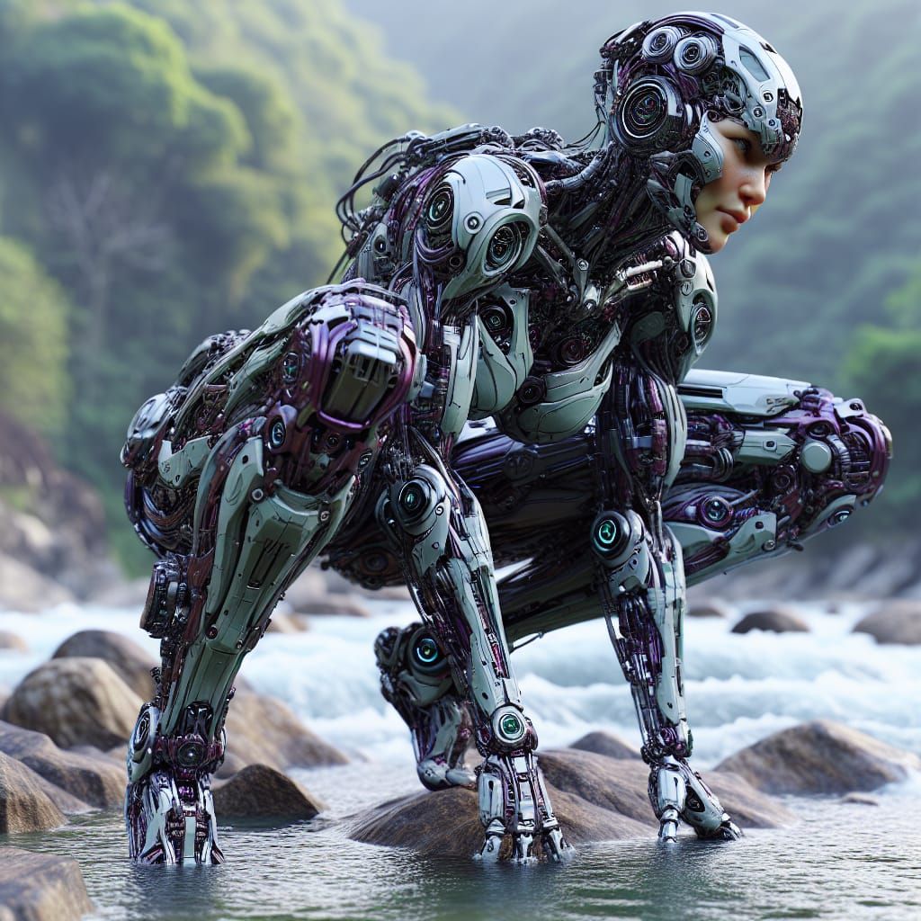 Detailed Female Cyborg Immersed by River