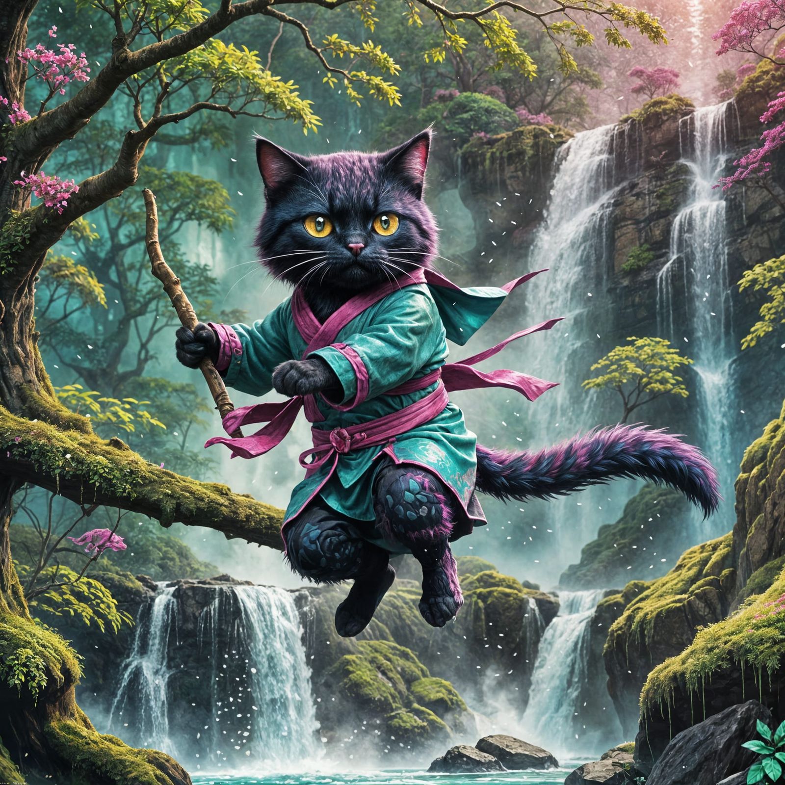 Pointillism Ninja Cat Guards Night Waterfall