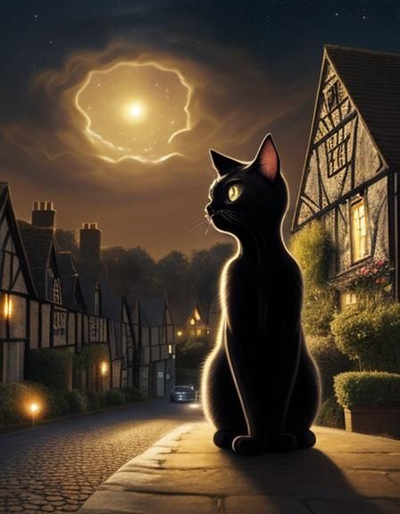Golden Lit Black Cat in English Village