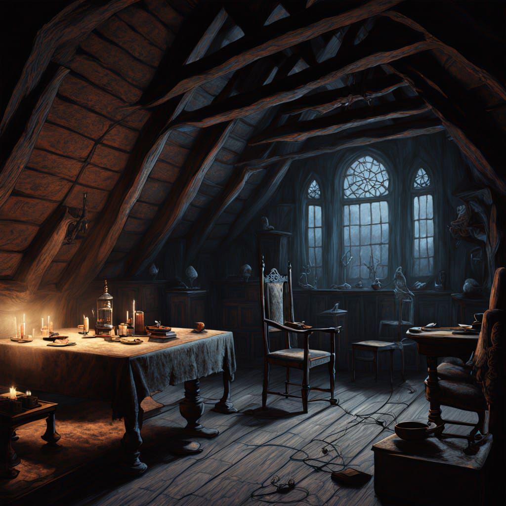 Gothic Attic Scene in Whimsical Romanticism Style
