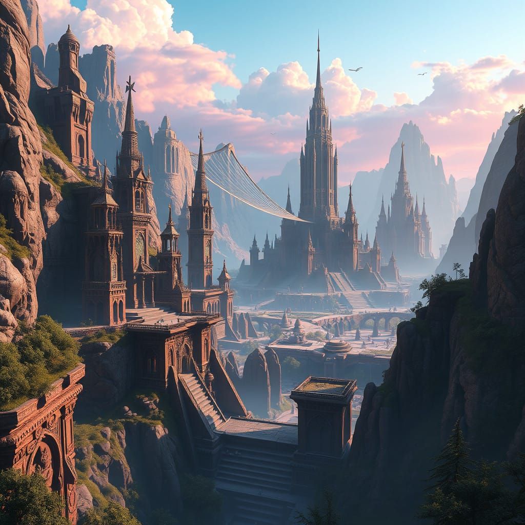 Ethereal Fantasy Realm with Towering Spires and Vibrant Skie...