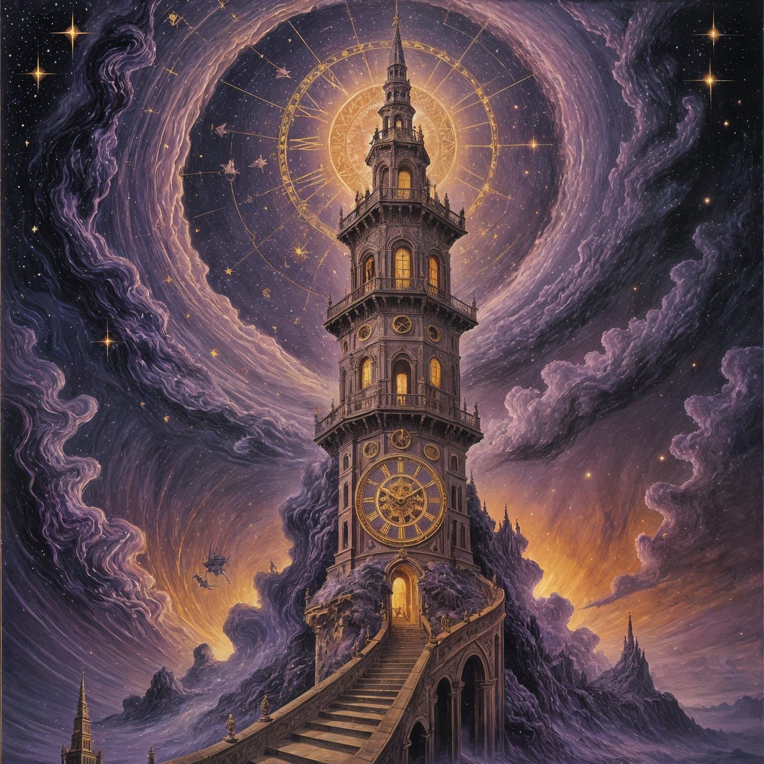 Celestial Clock Tower in Amethyst Nebula, Surrealist Style