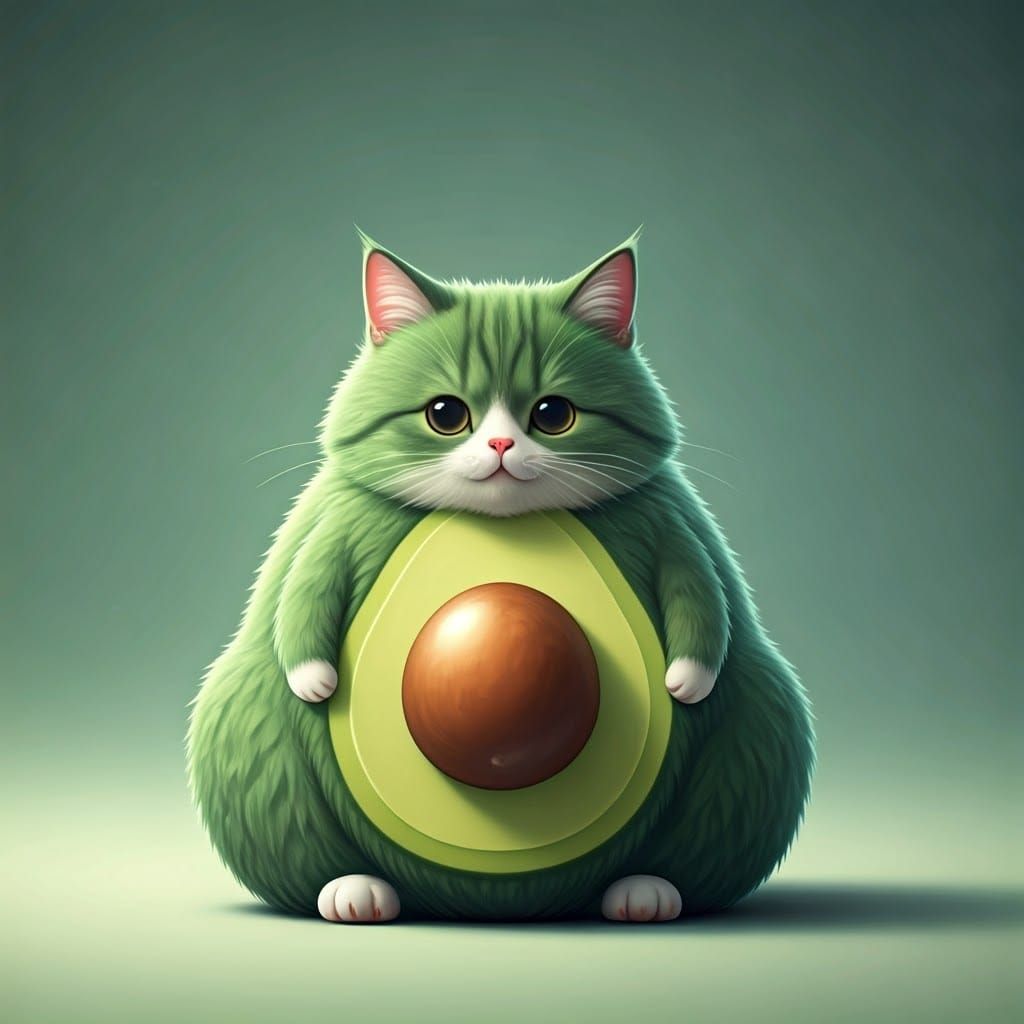 Chubby Anime Cat in a Pastel Avocado World