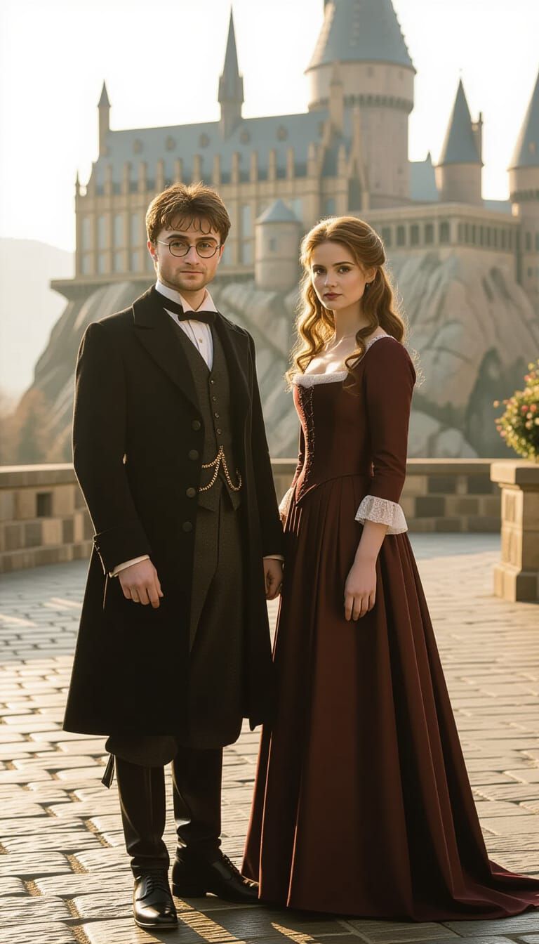 Figures in Majestic Castle with Warm Cinematic Lighting