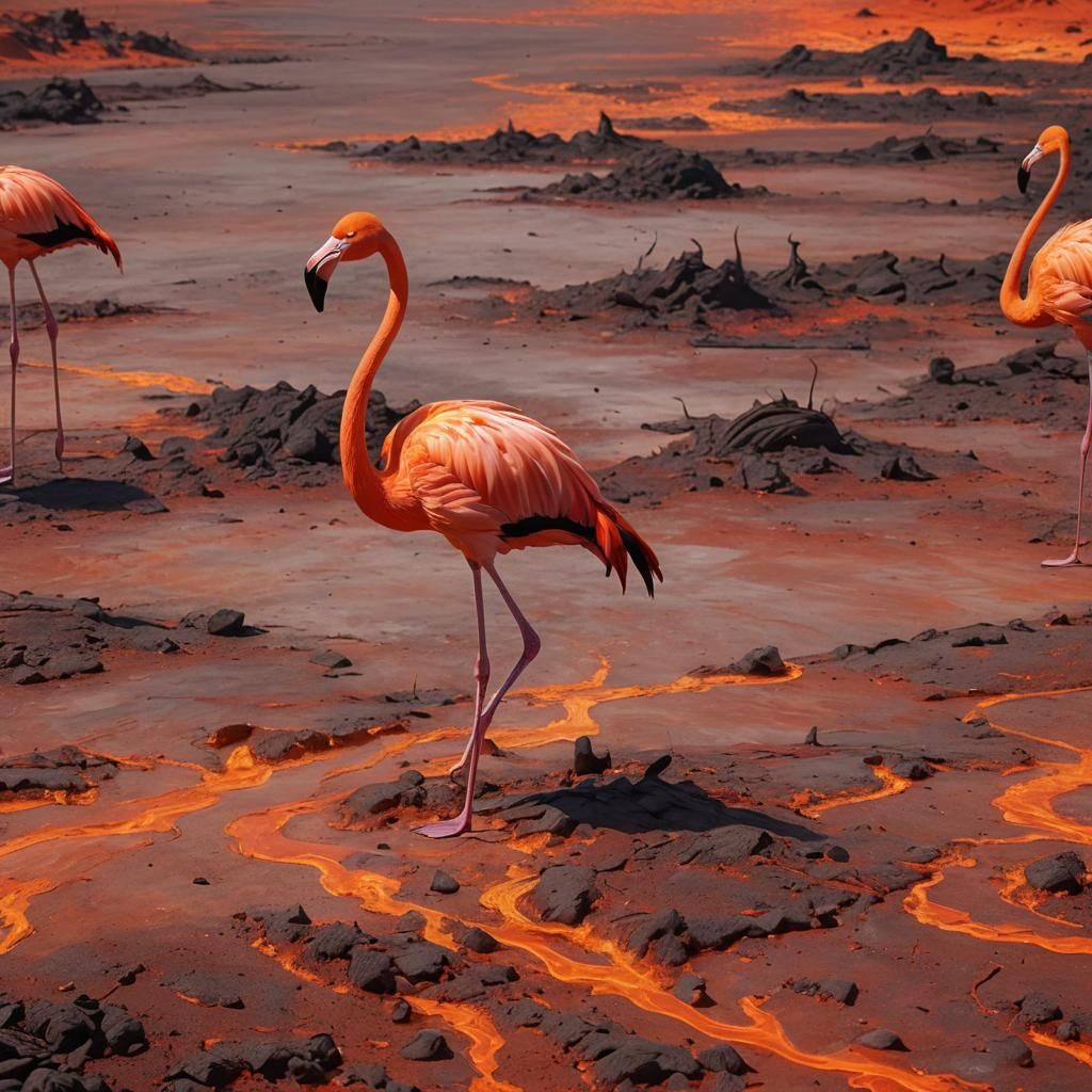Lava Feathered Flamingo in Surreal Landscape